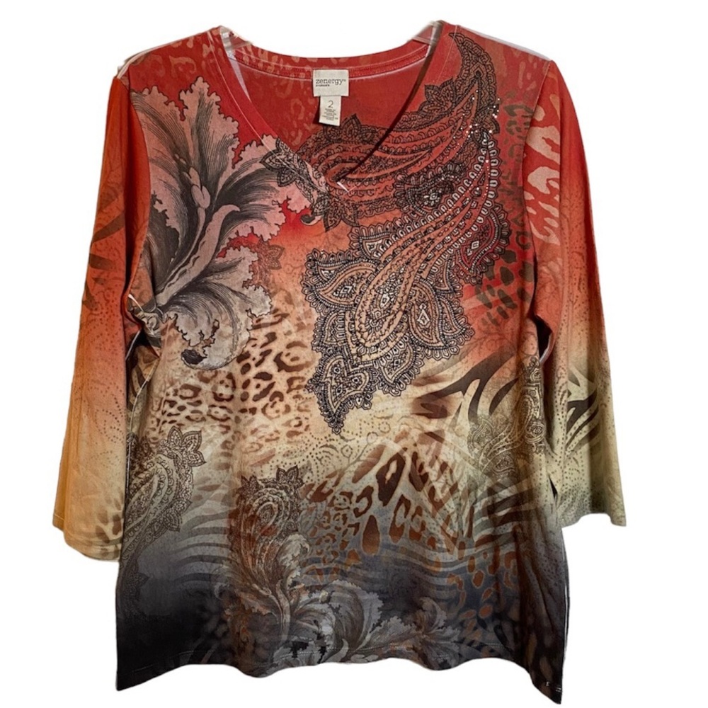Zenergy by Chico’s Colorful Boho Embellished Paisley 3/4 sleeve v-neck tee Sz 2